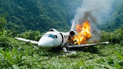 Plane crash incident dense jungle disaster scene fiery wreckage aerial view survival challenge