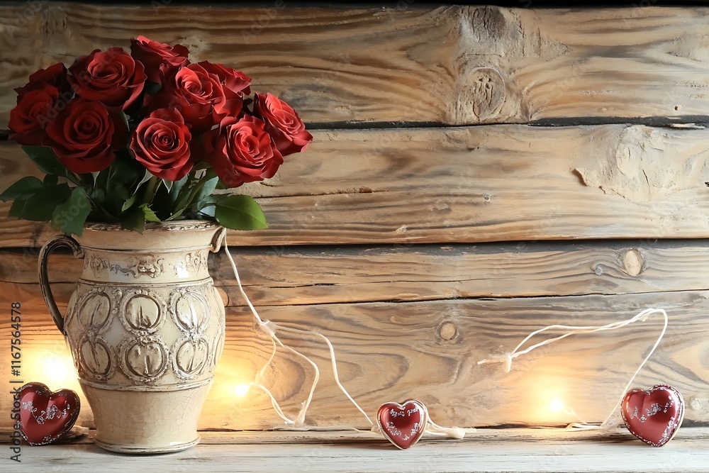 Wall mural Red roses in a vase with hearts and lights on wood.