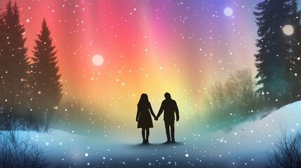 Romantic couple silhouettes holding hands under a vibrant aurora borealis, with a softly blurred snowy forest in the background 