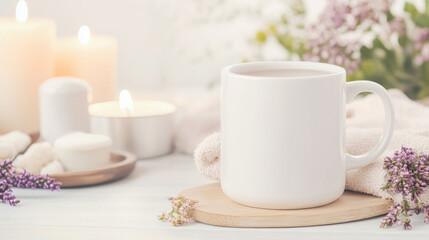 Relaxing spa day at home with a warm drink, candles, and flowers.  Perfect for self-care!