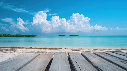 Fototapeta premium Serene Tropical Beachscape: Wooden Deck Overlooking Turquoise Waters and Lush Islands Under a Cloudy Sky