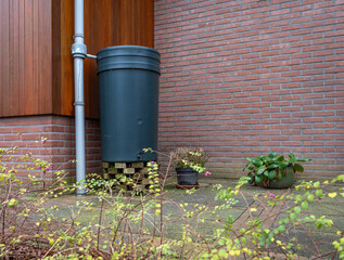 Rain barrel in front of a modern house, rainwater harvesting and reusage concept