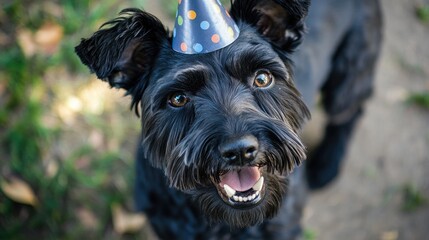 A joyful black dog wearing a party hat, celebrating a special occasion.