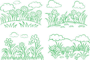 Line Art of Bees and Wildflowers in a Summer Meadow Scene