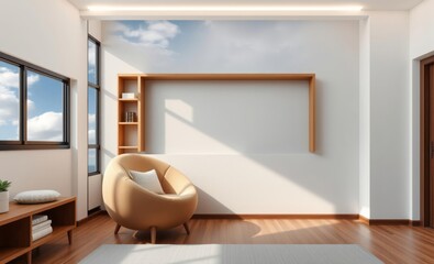 Beige round armchair near wooden shelf against window and wall with copy space minimalist interior design of modern living room Japandi interior design interior design japandi style modern