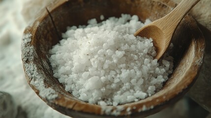 Coarse sea salt in wooden bowl with spoon.