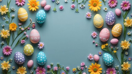 Easter eggs and flowers border on pastel blue background with copy space