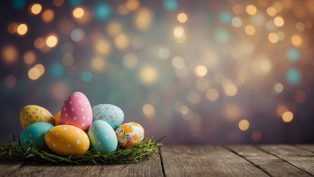 Easter eggs in a green grass nest on rustic wood surface with bokeh background