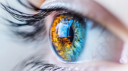 Close-up of a human eye with digital circuit reflection in the iris.