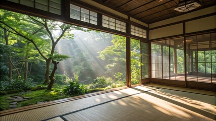 Tranquil Japanese Room with Shoji Screens Overlooking a Lush Garden V3