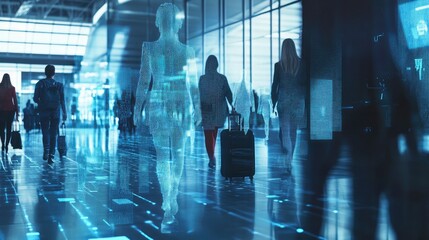 Digital overlay of people walking in a modern building, showcasing technology integration.