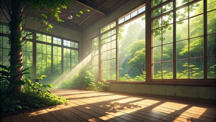 Tranquil Japanese Room with Shoji Screens Overlooking a Lush Garden V6