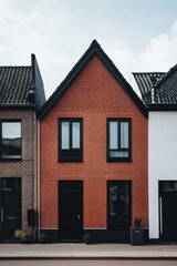 Obraz premium Charming brick house with modern design nestled between traditional buildings in a quaint neighborhood during cloudy daytime