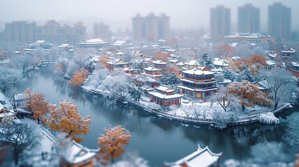 Plakat Winter Scenery of Lanzhou City, Gansu Province, China. Aerial view of the city with snow-dusted rooftops and clear skies, showcasing the beauty and tranquility of Lanzhou in winter 