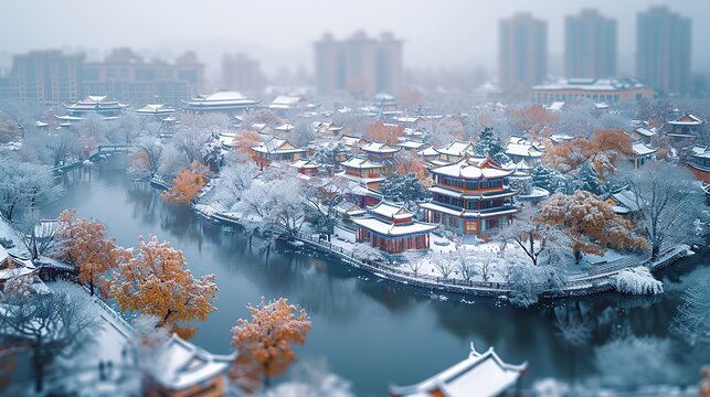 Winter Scenery of Lanzhou City, Gansu Province, China. Aerial view of the city with snow-dusted rooftops and clear skies, showcasing the beauty and tranquility of Lanzhou in winter 