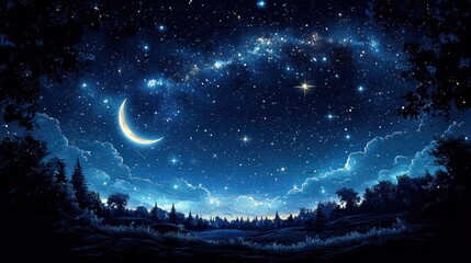 A serene night sky filled with stars, a crescent moon, and silhouetted trees.