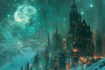 winter fantasy cityscape, a detailed, wintry cityscape in a turquoise-hued fantasy landscape under the night sky