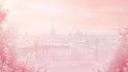 Fototapeta premium Pink Hues Cityscape Softly Veiled In Misty Dawn