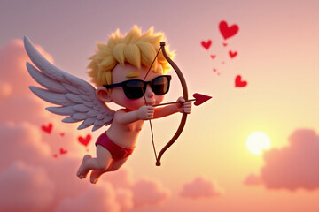 Cupid with wings and bow aims a heart-tipped arrow at sunset, surrounded by floating hearts in a romantic sky. 3d render illustration. Valentine's day