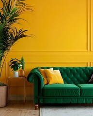 Stylish living room with vibrant yellow walls and green furniture, showcasing modern interior design elements