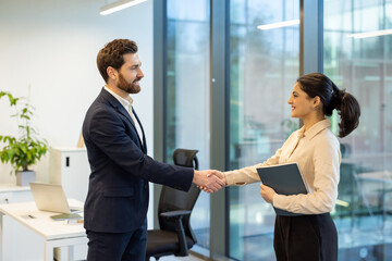 Two business colleagues shaking hands, businesswoman and businessman smiling happily greeting each...
