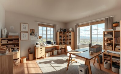 Fototapeta premium Serene japandi craft room with light wood desk neutrals and organized supplies - side view of creative workspace in calm setting Japandi interior design interior design japandi style modern