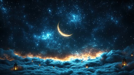 Fototapeta premium A serene night sky with a crescent moon and glowing clouds, evoking tranquility.