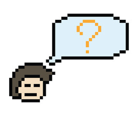 Cute pixel cartoon character man with question mark decoration 8 bit male boy confused idea question mark think choose cartoon pixel game 8bit png vector.