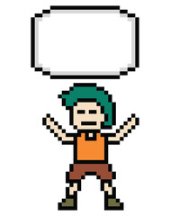 Cartoon pixel cute character man face with chat box blank decoration 8 bit male boy say speak discuss idea chat box cartoon pixel game 8bit png vector.