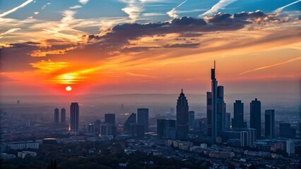 Vibrant Sunset Skyline with Skyscrapers, Lush Greenery, and Warm Glow