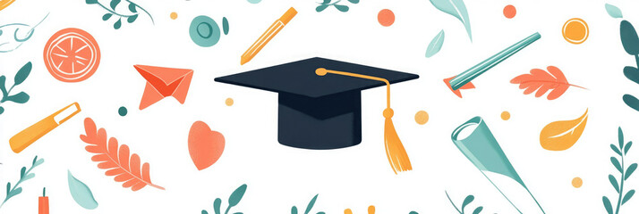 Celebration of academic success with graduation cap surrounded by colorful school supplies and nature elements
