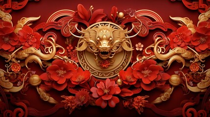 Golden dragon head with red flowers and ornate background.