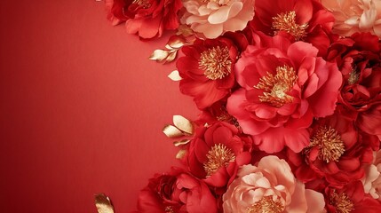 Red and gold peonies in elegant floral arrangement on red background.