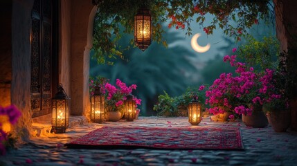 A serene outdoor scene with lanterns, flowers, and a crescent moon.
