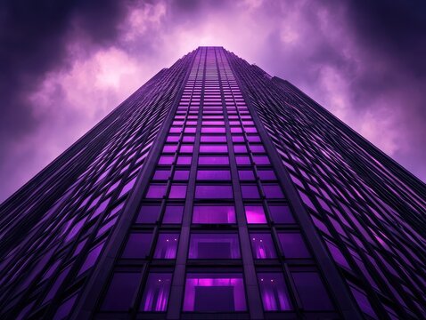 A futuristic skyscraper glowing in vivid purple hues under dramatic clouds, emphasizing innovative architectural design.