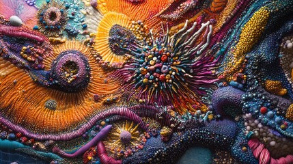 A vibrant, abstract representation of marine life and ecosystems in a colorful, textured design.