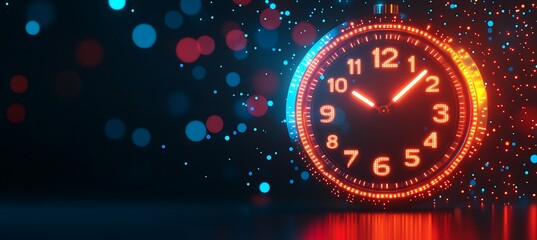  futuristic image of a digital clock with glowing numbers, representing time management in business, set against a dark background.