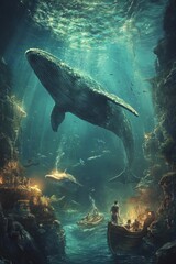 Fototapeta premium Submerged whale, people in boats, underwater ruins.