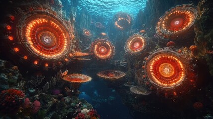 A vibrant underwater scene featuring glowing, circular structures among coral.