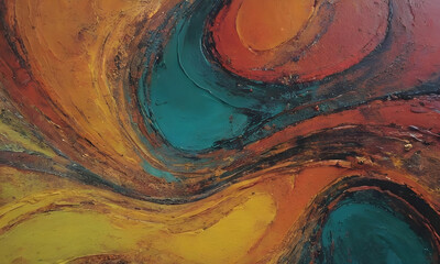 Abstract oil painting with visible brushstrokes in warm colors