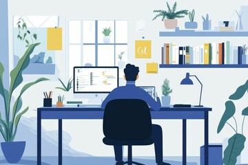 Person works at home office desk, plants, books.
