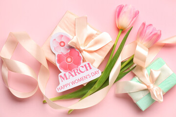 Festive postcard with gift boxes and tulips on pink background. Happy Women's Day