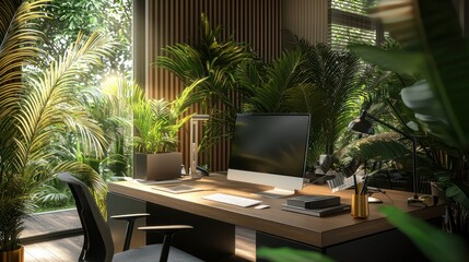 Fototapeta premium Serene Tropical Home Office: A Luxurious Workspace Immersed in Nature