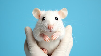 Close-up of a white rat held gently in gloved hands against a blue background