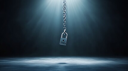 A single padlock hangs from a chain, illuminated by a spotlight against a dark background, symbolizing security, privacy, and protection in a digital or physical world.
