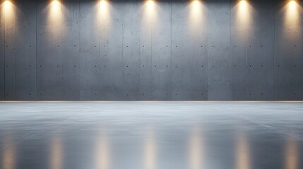 Modern industrial interior with concrete wall and spotlight. Empty space with minimalist design, ideal for showcasing products or exhibitions in a contemporary setting.