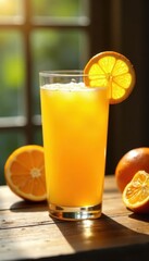 Golden orange juice, sunlit garden Glass reflects light , background, table, garden