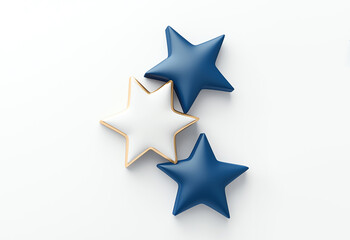 Three decorative star-shaped pillows in navy blue and white on a white surface. Minimalist design, perfect for home decor inspiration and creative concepts.