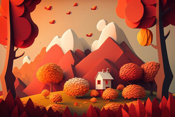 Autumn Mountain Landscape with a Cozy Little House