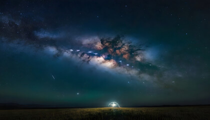 Fototapeta premium The milky way galaxy shining over a field with a photographer taking long exposure pictures